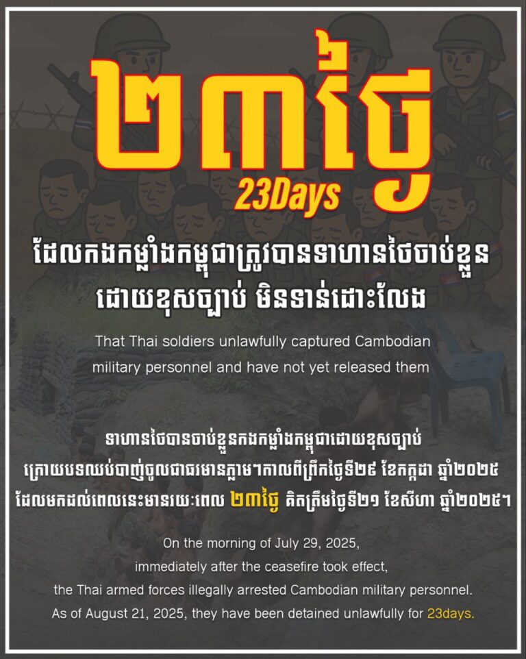 ២៣ថ្ងៃ ដែលកងកម្លាំងកម្ពុជាត្រូវបានទាហានថៃចាប់ខ្លួនដោយខុសច្បាប់ មិនទាន់ដោះលែង